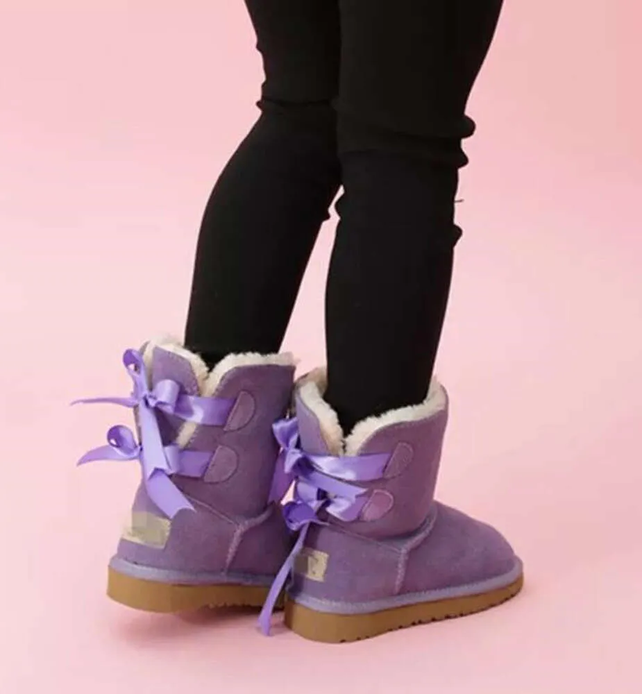 New HOT kids Bailey 2 Bows Boots Pelle per bambini Snow Solid Botas De nieve Winter Girls Calzature Bambino uggliess