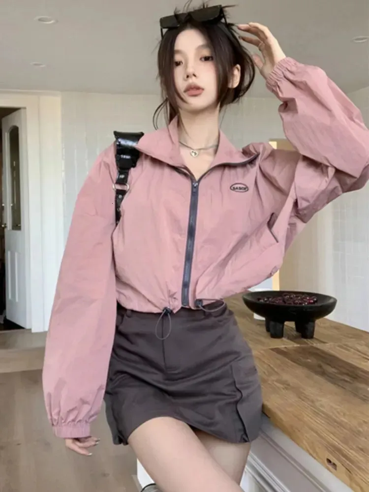 Kurtki damskie Deeptown Hip Hop Streetwear Cropped Jacket Kobiety HARAJUKU VINTAGE ZIP UP Windbreaker Płaszcze luźne krem ​​przeciwsłoneczny cienki odzież wierzchnia Koreańska 231013