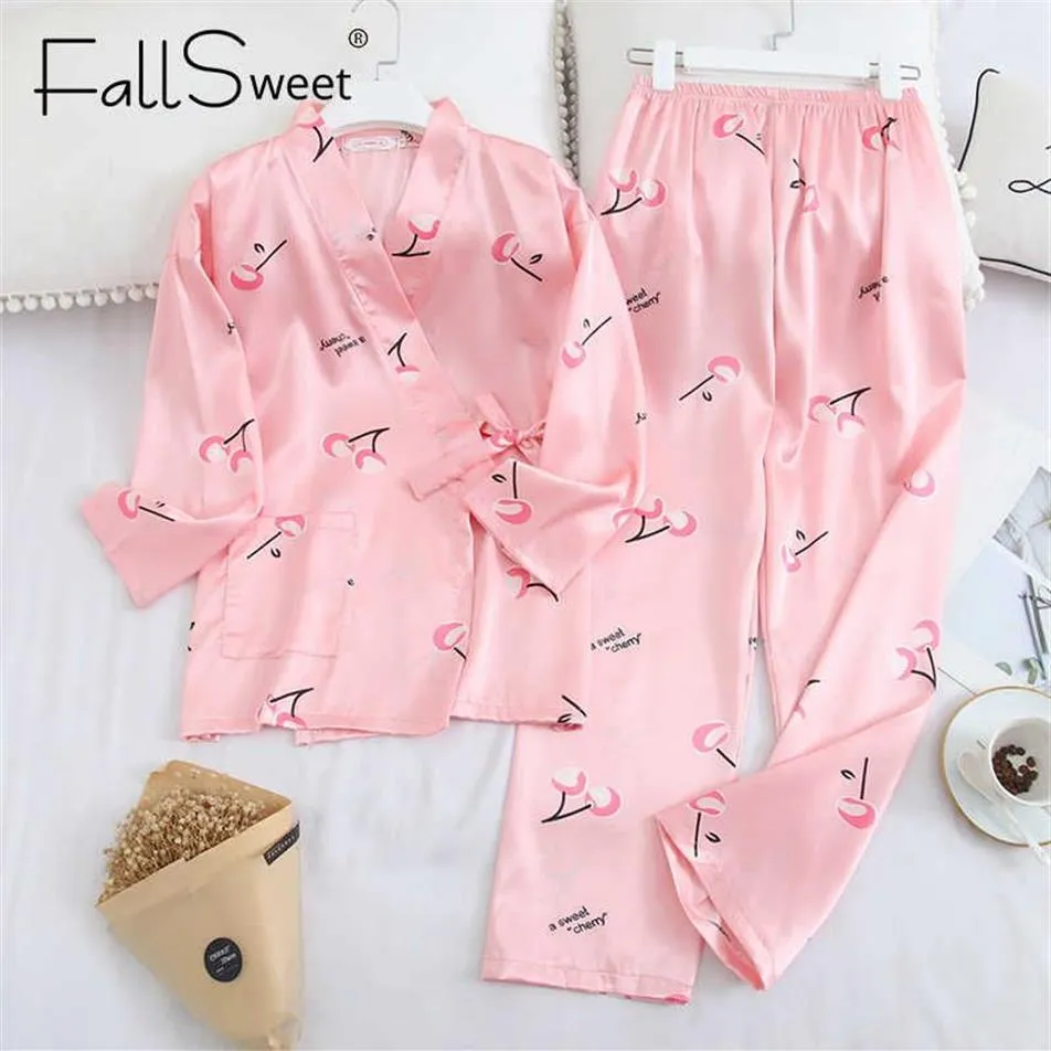 FallSweet 2 Delige Set Zijden Pyjama Sexy Nachtkleding Vrouwen Lange Mouw Nachtjapon Satijnen Pyjama Femme Q0706251O