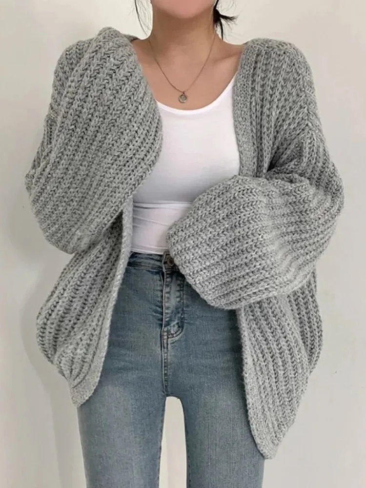 Womens Sweaters HELIAR Women Cardigan Sweater Coat Casual Loose Knitted Solid Coat Lantern Sleeve Sweet Overcoat For Women Autumn Winter 231013