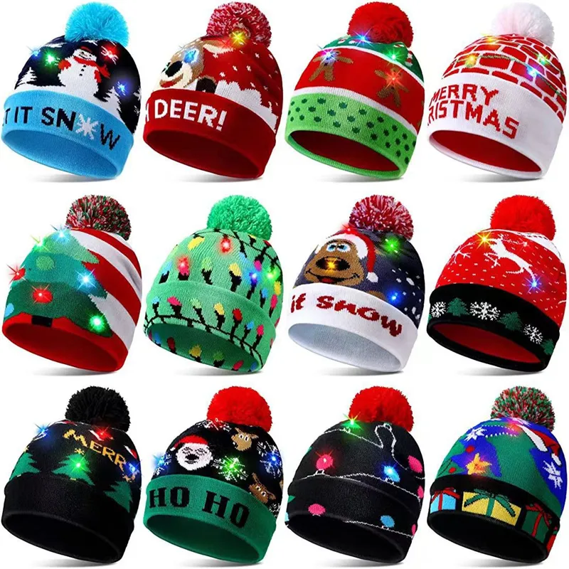 Hat Autumn and Winter Designers Christmas LED Lights Men's and Women's Knitted Hat Couple Party Carnival Wool Ball Christmas Hat Wool Hat Wholesale