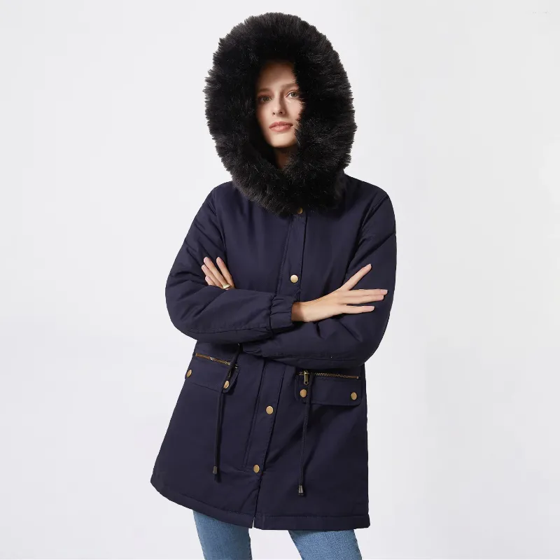 Women's Down Hooded Parkas Women Fashion Pocket Tie Belt Winter Coats Elegant Solid Faux Fur Collar Cotton Loose Jackets Female Zippers