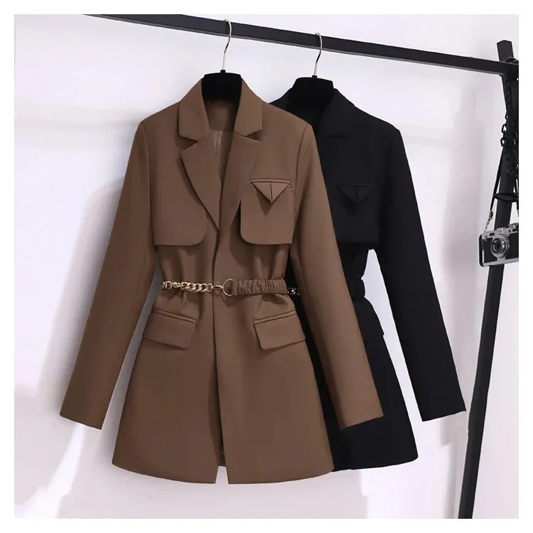 Women Outerwear Jackets Women Clothing Autumn Winter Office Ladies Elegant Solid Jacket Coat Women Long Sleeve High Waist Metal Belt Blazer Outerwear 2024