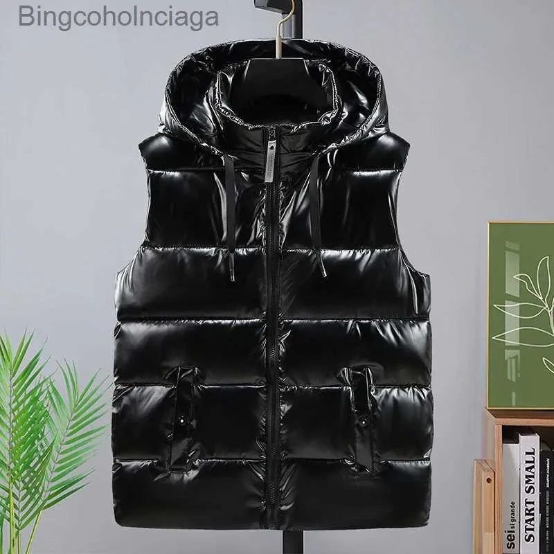 Mäns västar #3639 Yt Shiny Black Grey Vest Waistcoat Män med huva Casual Warm Thick Tick Mens Vest Jacket dragkedja ytterkläder Autumn Winterl231014