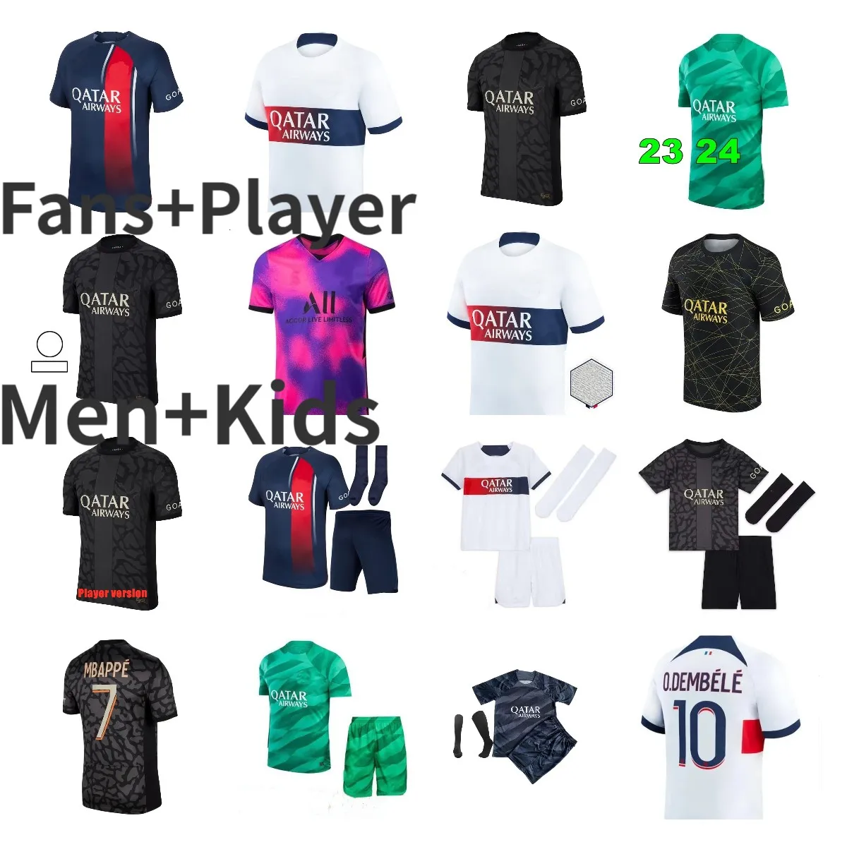 22/23 PSGS Mbappe Soccer Jerseys 2023 2024 O.Dembele Lee Kang i Marquinhos Verratti Kimpembe Maillots de Football Shirt Icardi Di Maria Draxler Kids Paris Uniform Top