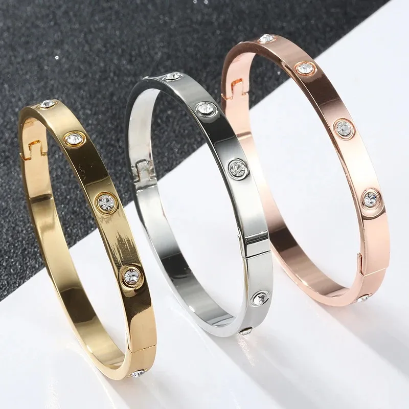 Bangle Gold Plating Lover Armband Bangles For Women Rose Color rostfritt stål Charmiga CZ -manschettarmband Luxury SMEECKERY GENTS 231013