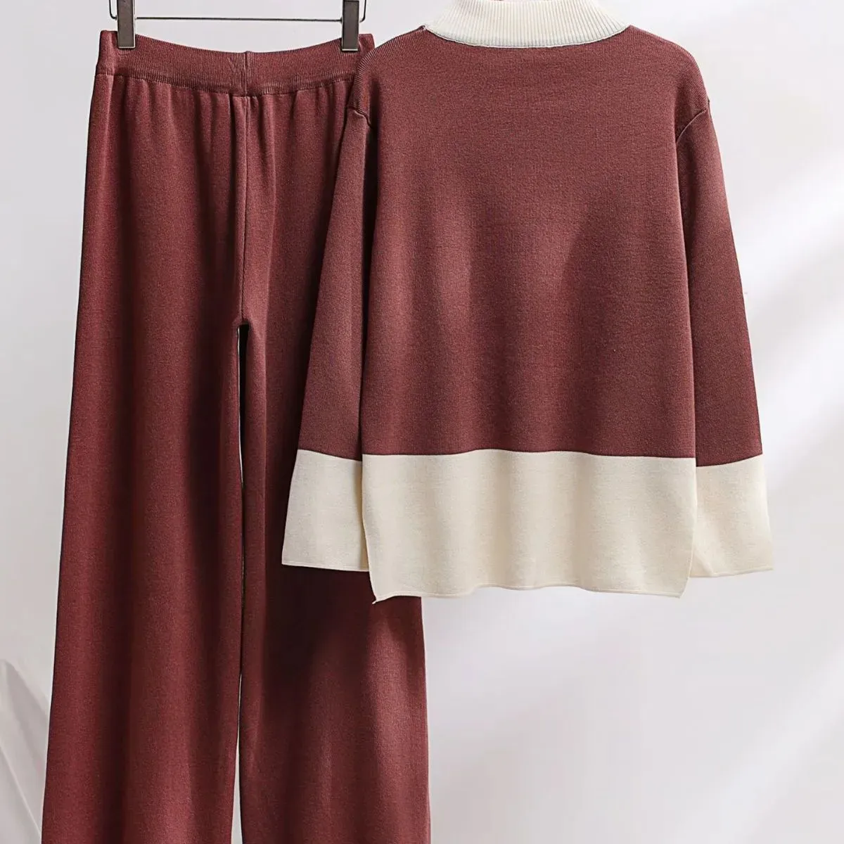 Conjunto de pantalón de dos piezas para mujer, jerseys informales, trajes, contraste de color, punto de invierno, suelto, manga larga, Elegancia, Tops, pantalones de suéter elásticos 231013