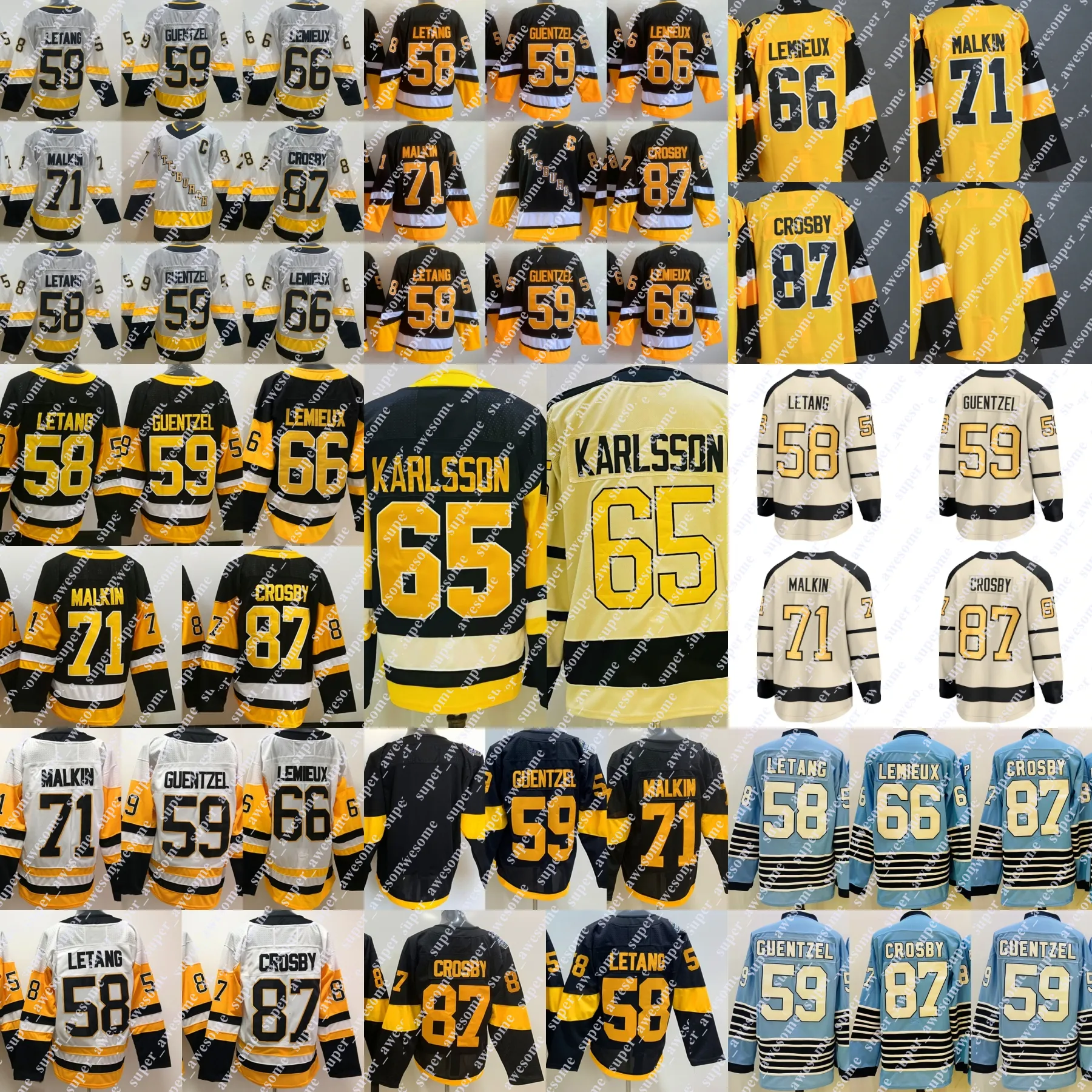 2023 Maglia classica invernale Sidney Crosby Erik Karlsson Kris Letang Jake Guentzel 66 Lemieux Evgeni Malkin Maglie da hockey Nero Azzurro Serie Stadium cucita