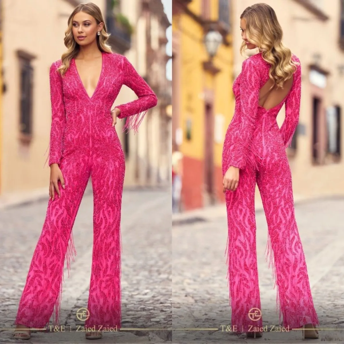 ROSY Pink Crystal Jumpsuits Evening Gown V Neck Sequins Beads Party Prom Pantsuit golvlängd formell långhopp för speciellt tillfälle