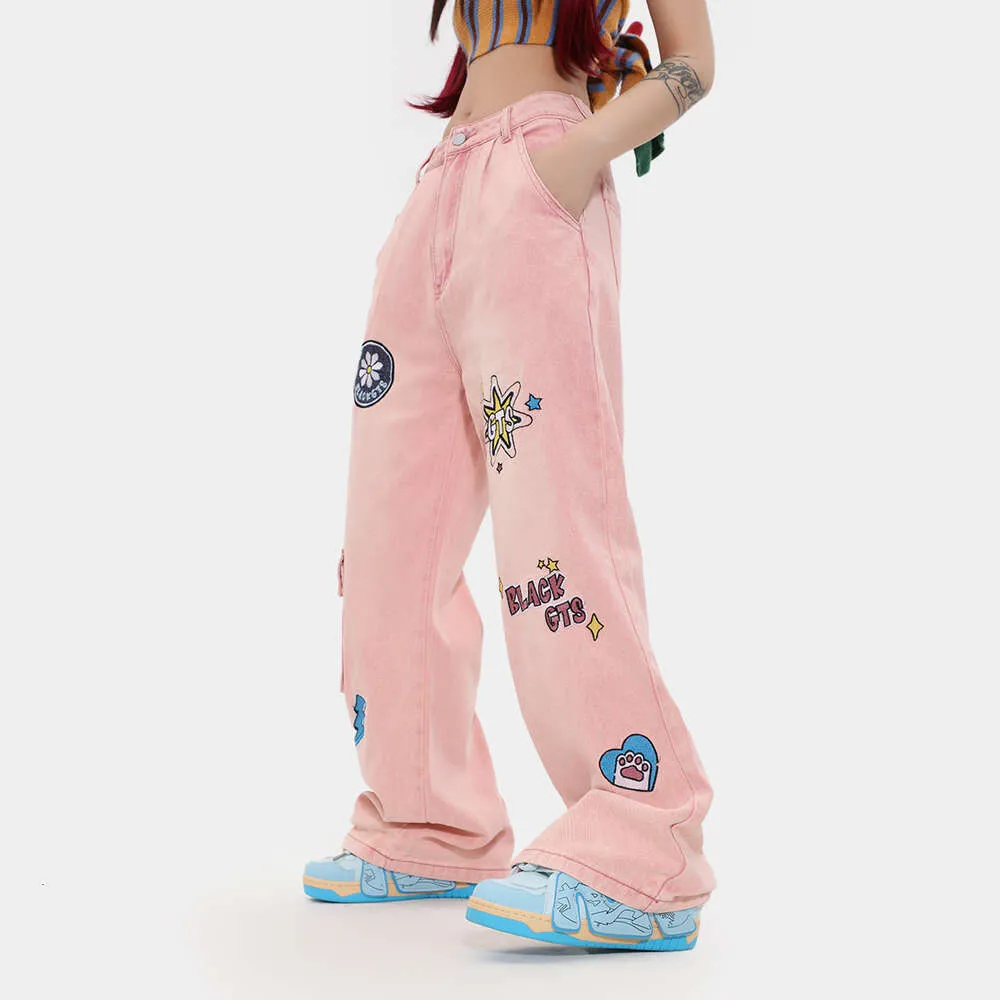 oreeta |秋/冬アメリカンデザインダーティピンクジーンズメンズファッションブランドドーパミンストレートレッグジーンズ女性スタイル