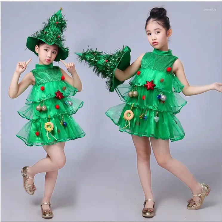 Tema traje bebê menina sem mangas vestidos crianças roupas verdes natal trajes de halloween vestido de árvore chapéu purim elf cosplay