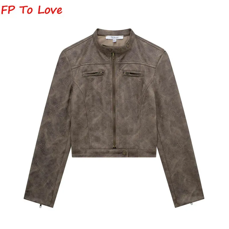 Kvinnors läder faux läder faux mocka läder bomber jacka vintage brun kappa chic dragkedja kort outfit kvinna streetwear 231013