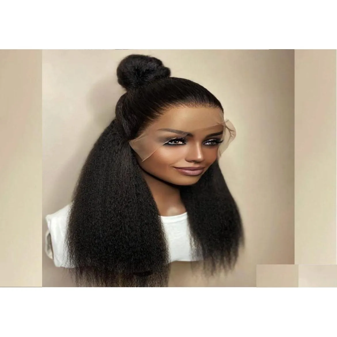 Spetsspår 26 tum 180densitet Glueless Jet Black Colored Yaki Kinky Straight Front Wig For Women Bunds med stängningsvärmebeständig D DH2XF