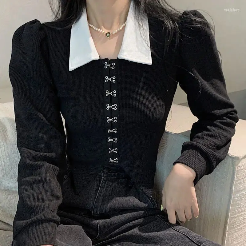 Camicette da donna Camicetta nera vintage tuniche Elegante camicia da donna a maniche lunghe in stile coreano Harajuku Slim Cool Streetwear Y2k Top corto 2023