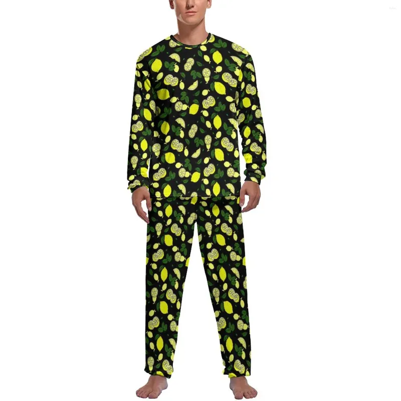 Ropa de dormir para hombre, pijamas de hojas de limones, estampado de frutas, conjunto encantador de manga larga para hombre, 2 piezas, diseño informal de primavera, regalo de cumpleaños