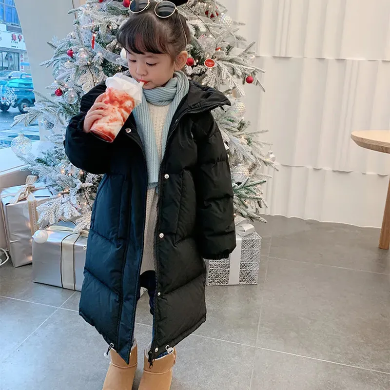 Winter Girls Down Jacket Long Style Solid Color Fashion Parka Kids
