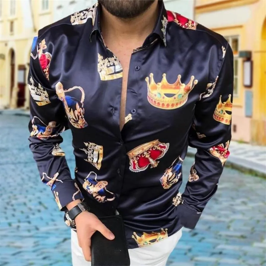 Męskie koszulki Vintage Crown Print swobodne luźne kołnierzyki męskie koszule gładkie guziki długiego rękawu Slim Shirt Streetwear244o