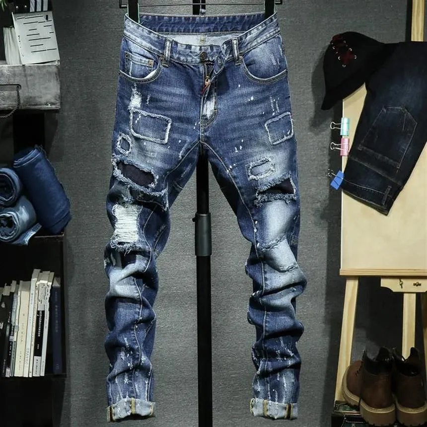 Jeans para hombres Moda rasgados Hombres Patchwork Hollow Out Pantalones Hombre Cowboys Demin Male2173