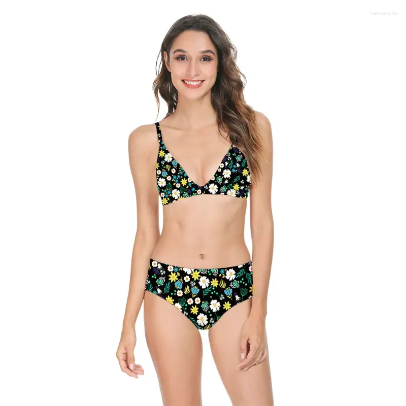 Women's Swimwear Beautiful Flowers Print Bikini Set Push Up Sling Beach Bathing Women Swimsuit