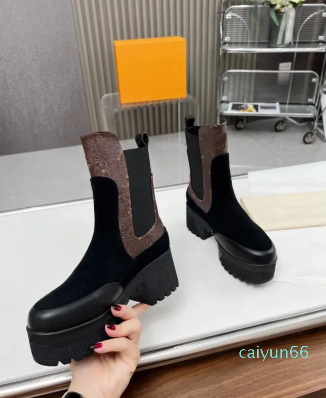 fashion Chelsea boots woman Mid length boots Black Leather Wedge Lace Up Round Head Letter Thick Heel Knight boot