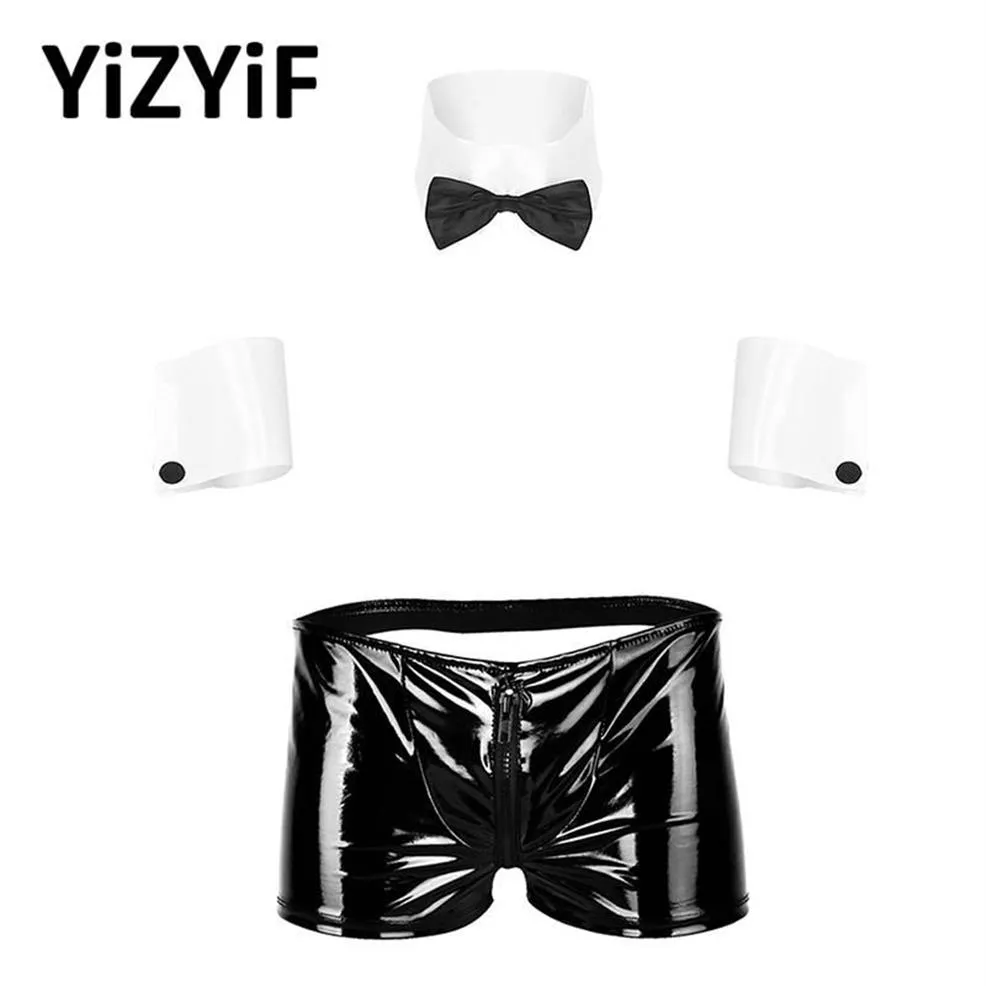 Men Roleplay Costume Outfit Mens Sexy Lingerie Set Low Rise Zipper Open BuBoxer Underwear With Collar And Cuffs Sets Clubwear Bras2719