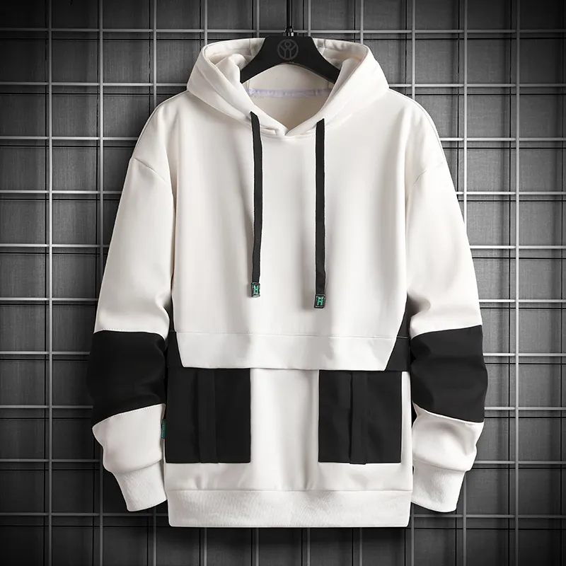 Moda casual hoodies homens harajuku sweatshirts tendência retalhos bolsos hoodie dos homens outono longo s pullovers streetwear