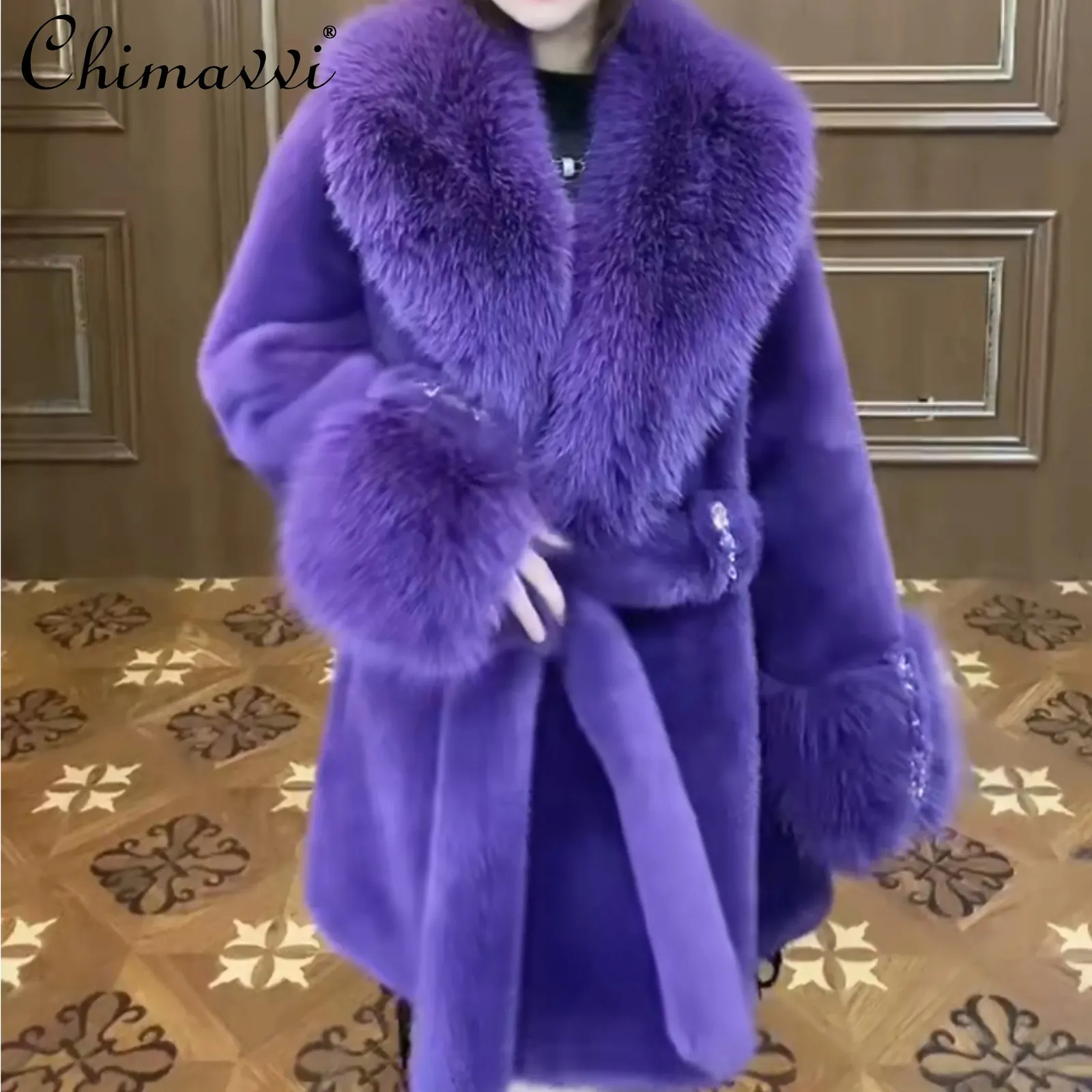 Femmes Fourrure Fausse Européenne À Manches Longues Toka Double Face Laine Cuir Manteau Chaud Paillettes Lourdes Casual Lâche Élégant Violet Veste 231013