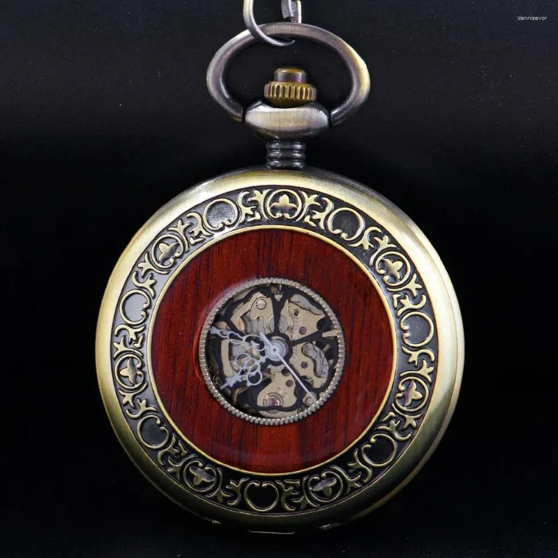 Taschenuhren, klassische Vintage-Holz-mechanische Uhr, römische digitale kreative Schnitzerei, Blumen-Zifferblatt, Anhänger, Kette, Geschenk