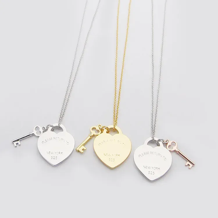 Heart and Key Designer Pendant Necklaces - Gold Silver and Rose Options for Women's Wedding and Christmas Gifts