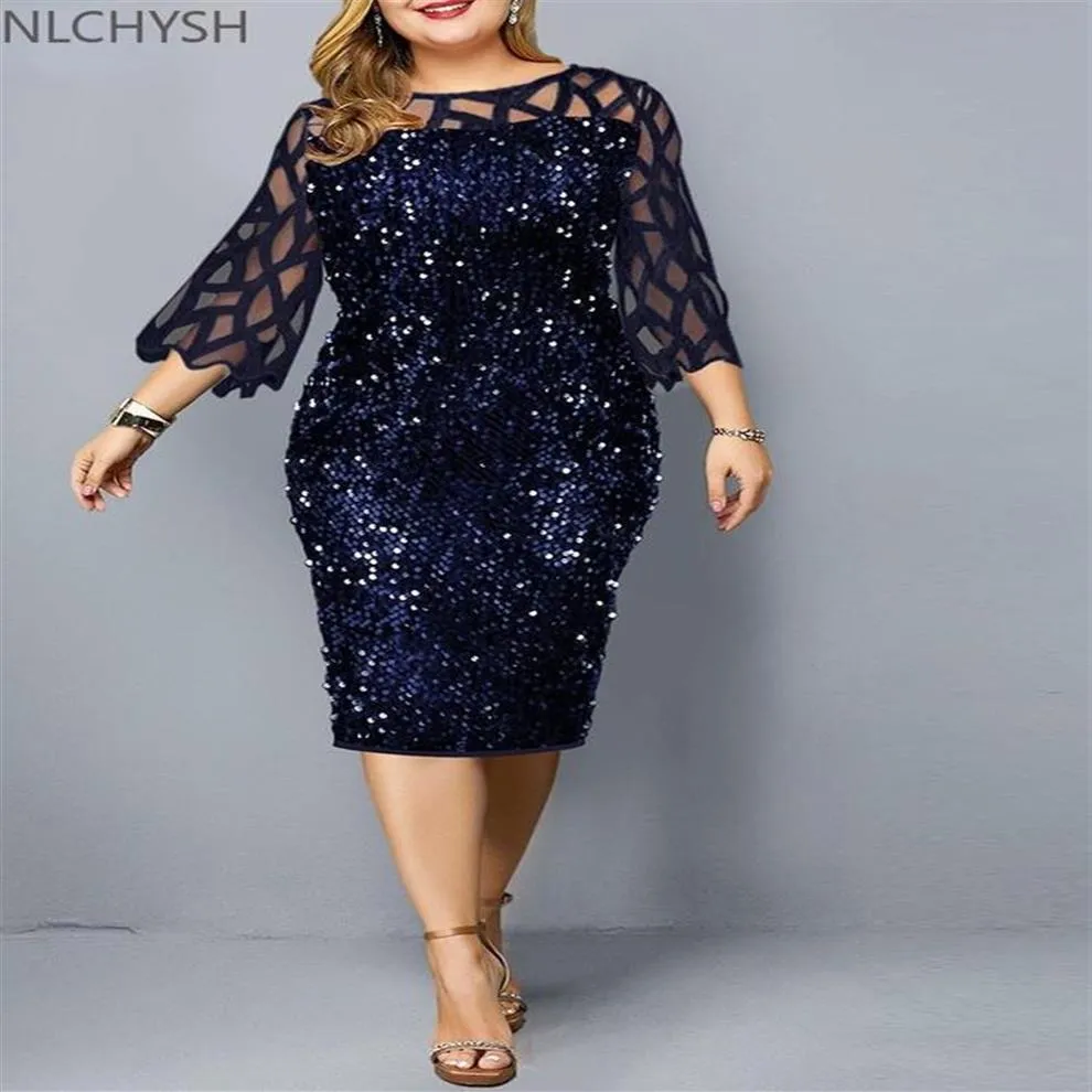 Plus Size Dresses Party Dress Ladies Midi Sequin Mesh Lång ärm Lace Elegant BodyCon XL-4XL 5XL Evening Woman Summer 2021312J