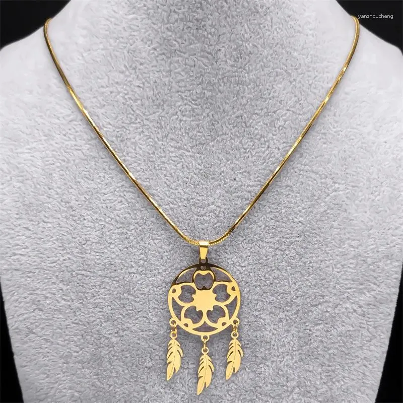 Pendentif Colliers Esthétique Fleur Dream Catcher Plume Gland Collier En Acier Inoxydable Couleur Or Filigrane Creux Charme Bijoux Colar NS01