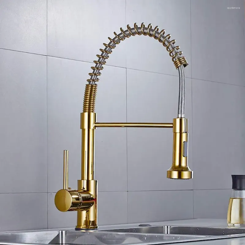 Rubinetti per lavandino del bagno Rubinetto da cucina in ottone massiccio Rubinetto da cucina in oro lucido con molla singola estraibile moderno e con acqua fredda