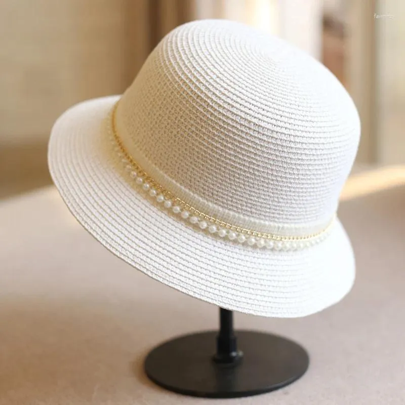 Berets Women's Summer Dome Sun Hats With Pearl Decor Fashion Korean Style Outdoor Straw Woven Beach Casual Bucket