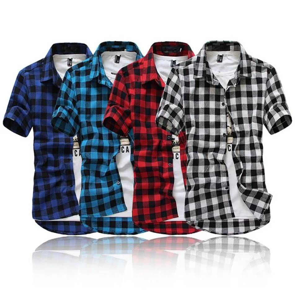 Mäns unga vuxna casual bomullslinne Plaid Button-up Kort ärm Turn-Down Collar Slim Fit Student Shirt Top Outwear M-2XL 2995