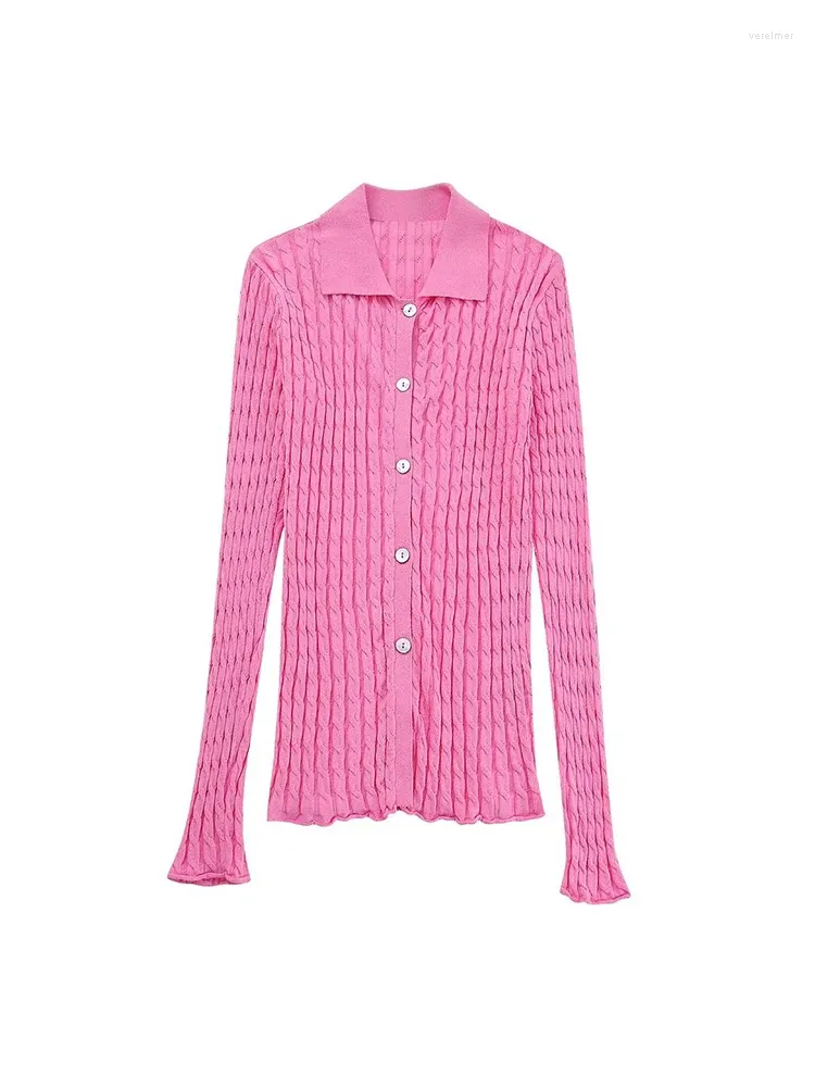 Damenblusen 2023 Rosa gestricktes Hemd Button-Up-Hemden für Frauen Langarm und Damen-Sommer-Top mit Kragen