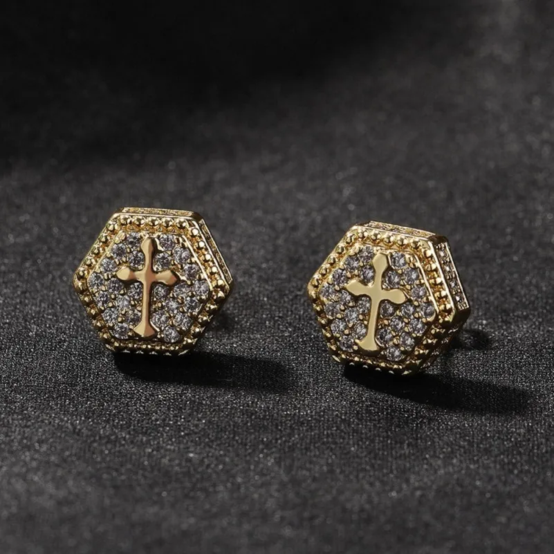 Mens Cross Sier Gold Stud for Womens Hip Hop Square Diamond Earrings Jewelry