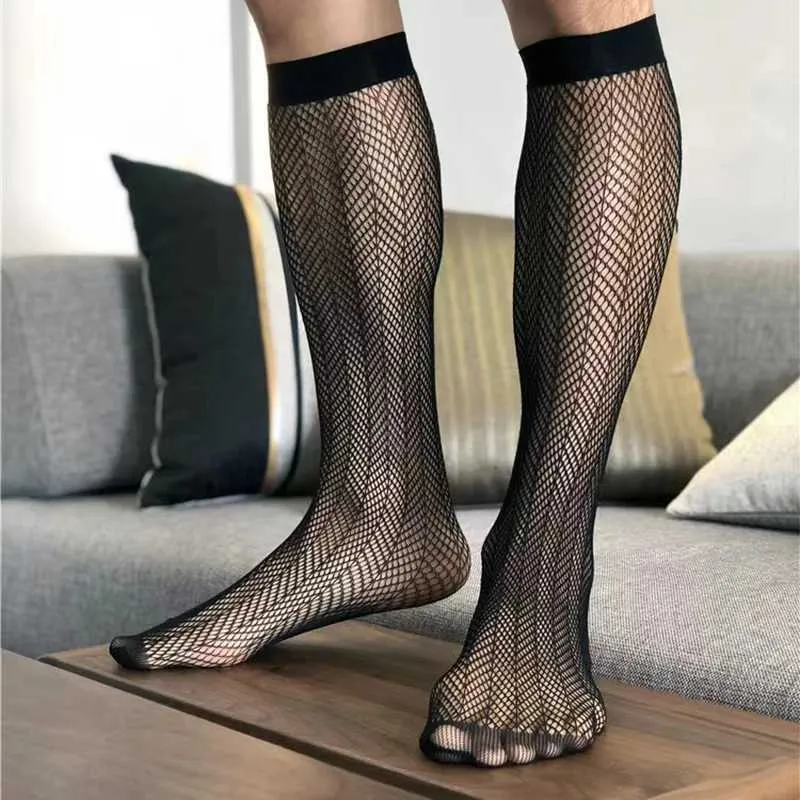 Mens Anti Hook Silk Diamond Shaped Calf Black Knee High Socks Sexy