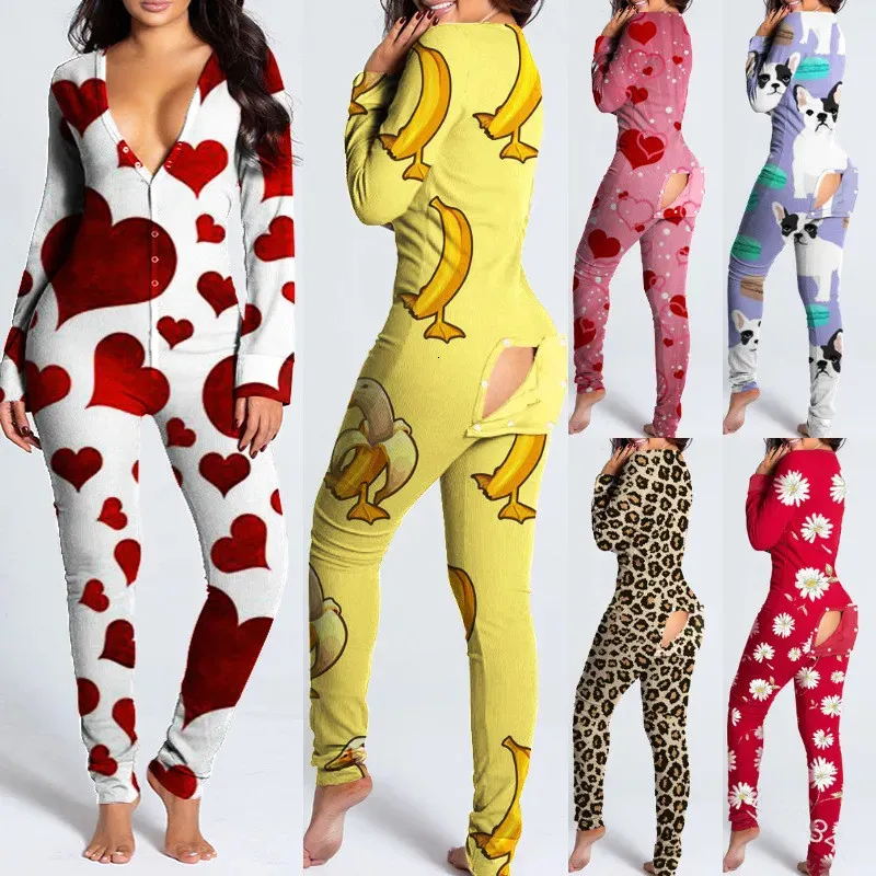 Temadräkt sexig pyjamas kvinnors jumpsuit kostym knäppa ner baksidan bakkumpa öppen ass klaff jumpsuit loungewear jultryck knappat 231013