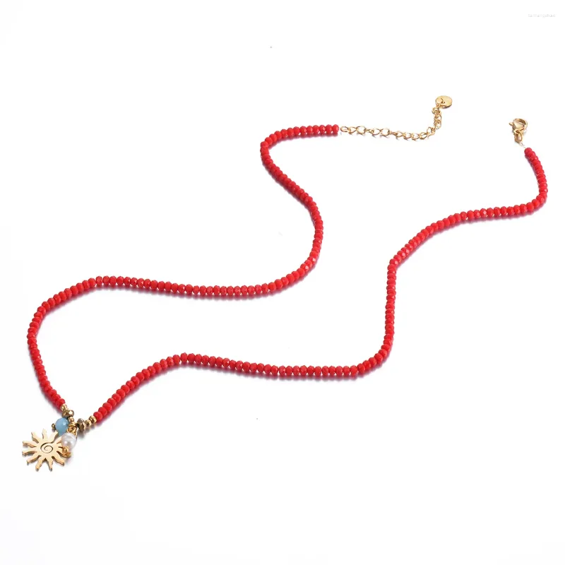 Anhänger Halsketten Edelstahl Goldene Sonne Halskette Wasserdichte Mode Roten Kristall Perlen Kette Schmuck Für Frau Drop