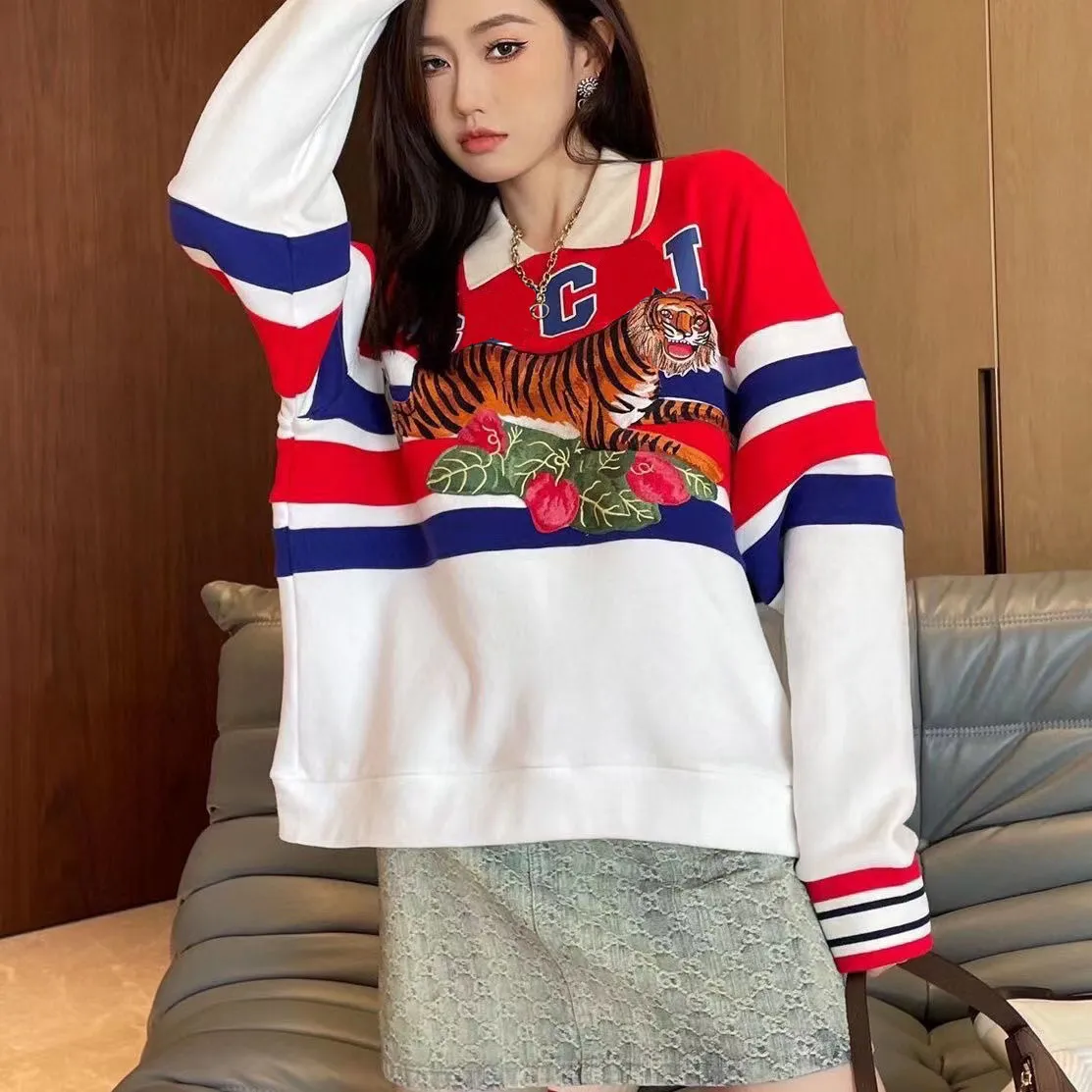 Autumn luxury GG star with striped letter jacquard Tiger flower loose long sleeve age-reducing gg collar knitwear women
