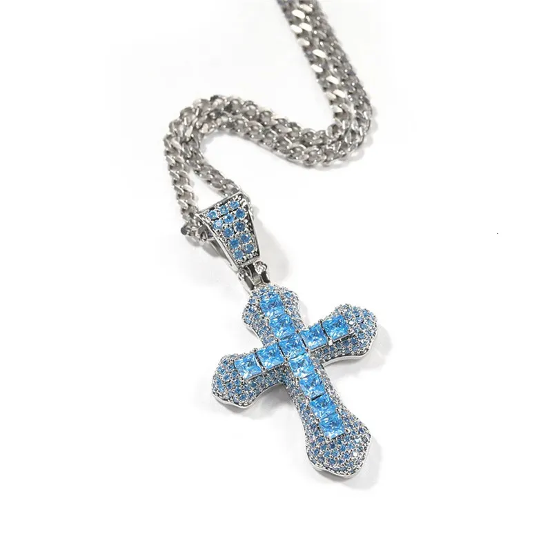 Chokers Sky Blue Cross Pendant Necklace 3 Colors Hip Hop Iced Out CZ Stone For Women Men Jewelry Gifts 231013