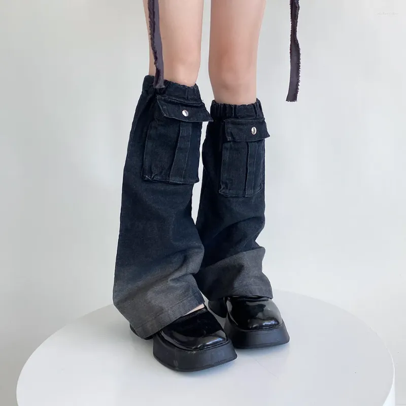 Kvinnors strumpor Punk Personlig benomslag Design Vintage Denim Fabric Harajuku Warmers Pocket Gothic staplade för män