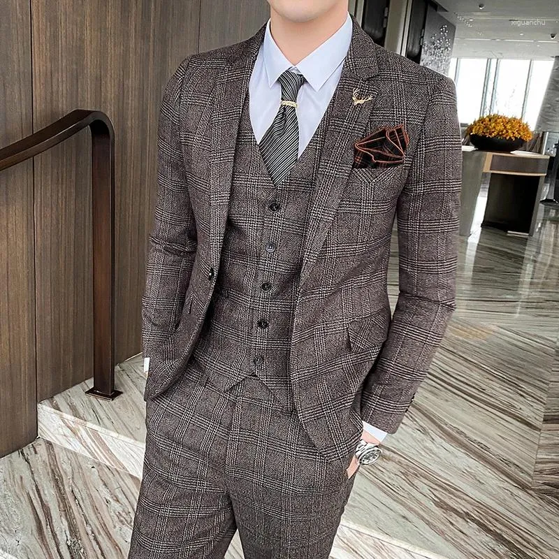 Ternos masculinos de negócios listrado trespassado (terno colete e calças) terno de três peças fino moda estilo grosso múltiplas opções