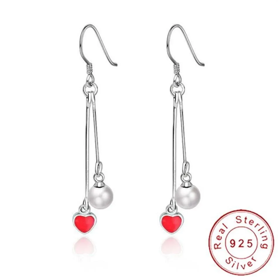 REAL 925 Sterling Silver Tiny Heart Earrings Hanging Chain Minimal Red Danging Earing Brincos Perola Pendientes SE058 Hoop Huggi292v