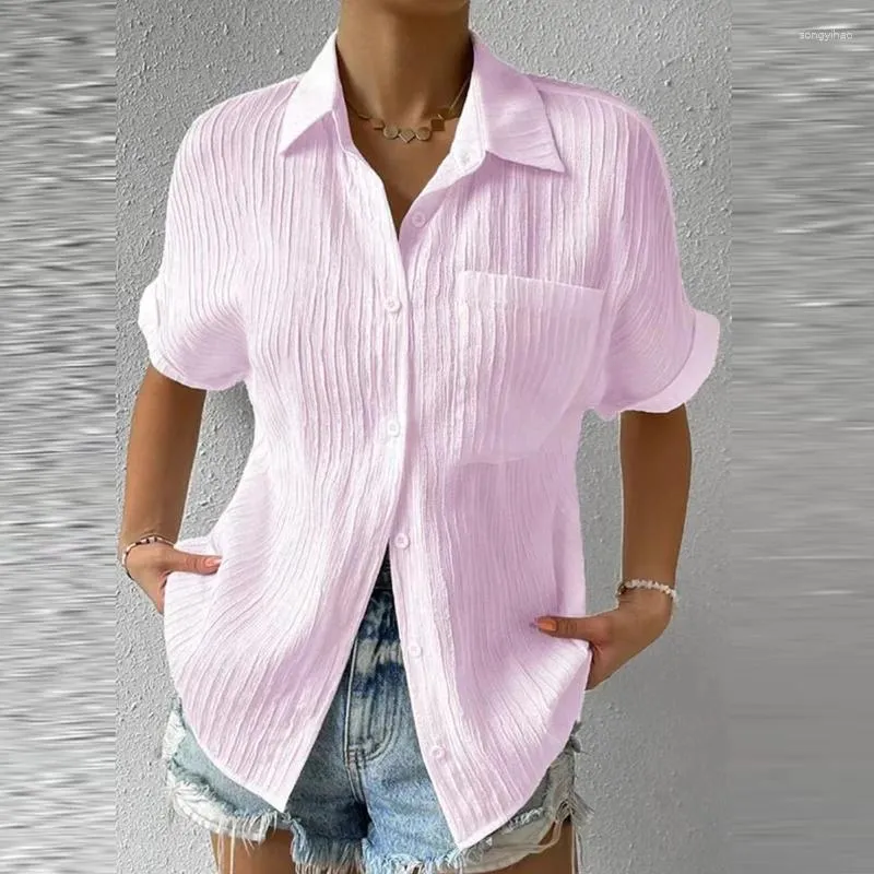 Blusas femininas moda cor sólida manga curta camisa feminina listrado simples turn-down único breasted topos solto causal vintage ruched