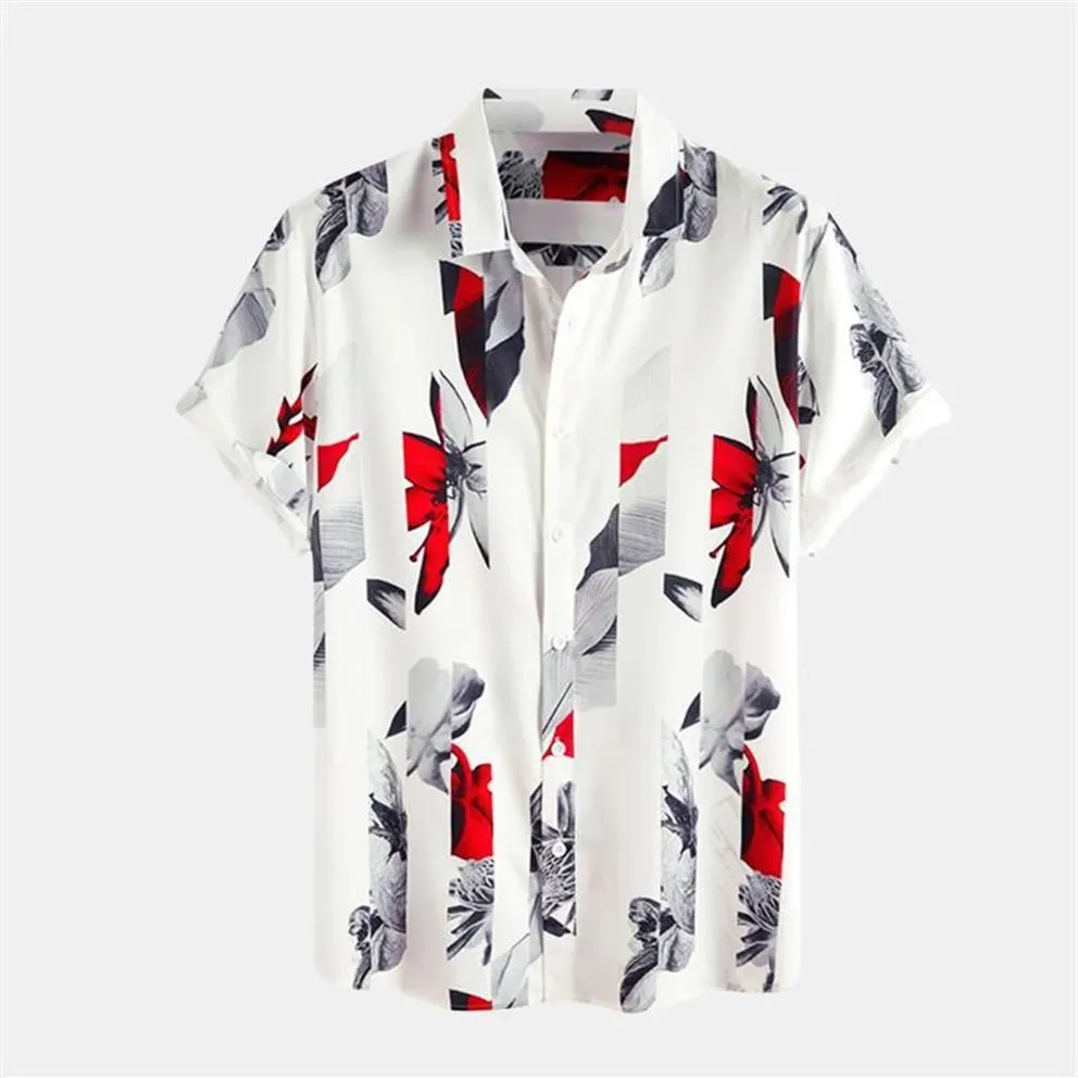 القمصان الرجال للرجال القمصان الزهرية ضئيلة FIT T Shirt Cotton Linen Print Print Short Sleeve Button Mens Bluouse Top Vetement Hom285o