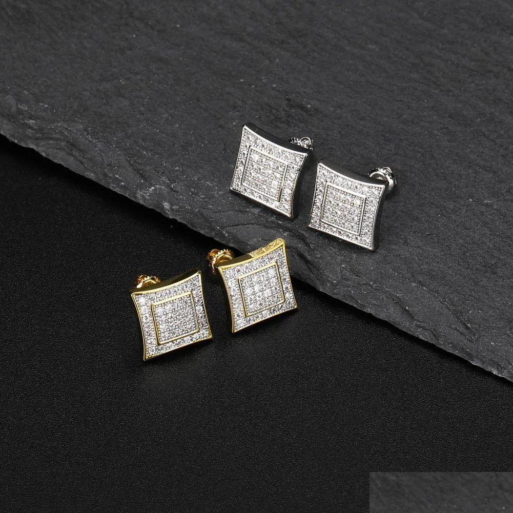 Stud Micro Pave Zircone Cubique Ice Out Geometrci Boucle D'oreille Carrée Hommes Femmes Bling CZ Boucles D'oreilles Hip Hop Rappeur Bijoux Drop Livraison Dhnv0