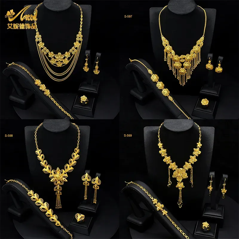 Wedding Jewelry Sets ANIID Dubai African Luxury Tassle Flower Pendant For Woman Party Jewellery Set Gold Plated Gifts Wholesal 231013