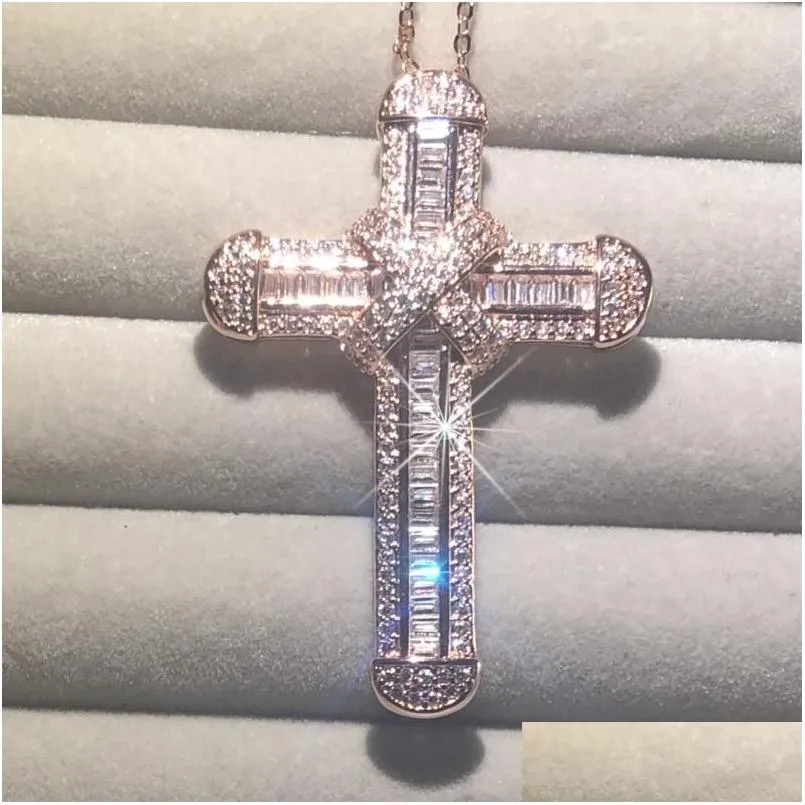 Kedjor kedjor 925 sier utsökta bibeln Jesus korsa hänge halsband kvinnor män korsfix charm simated diamant rose guld smycken smycken dhwej