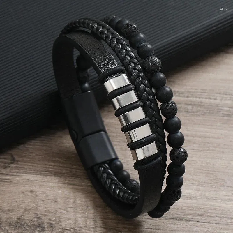 Länkarmband mode flerskiktat läderarmband för män klassisk handvävd magnetisk spänne wrap punk coola smycken tillbehör